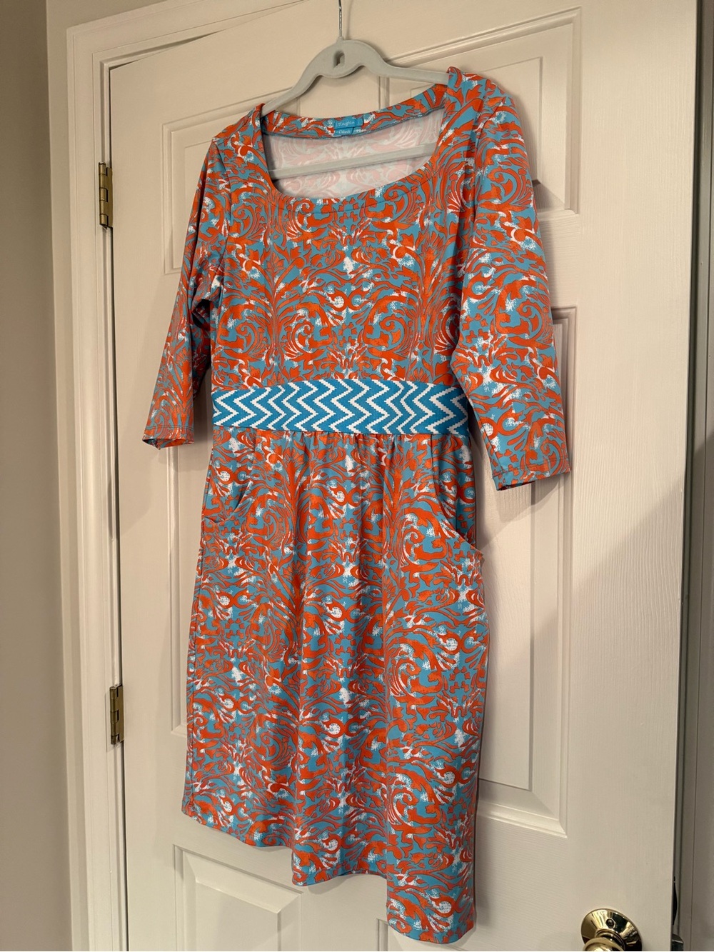 J. McLaughlin Orange & Light Blue Patterned Dress in Catalina Cloth Large